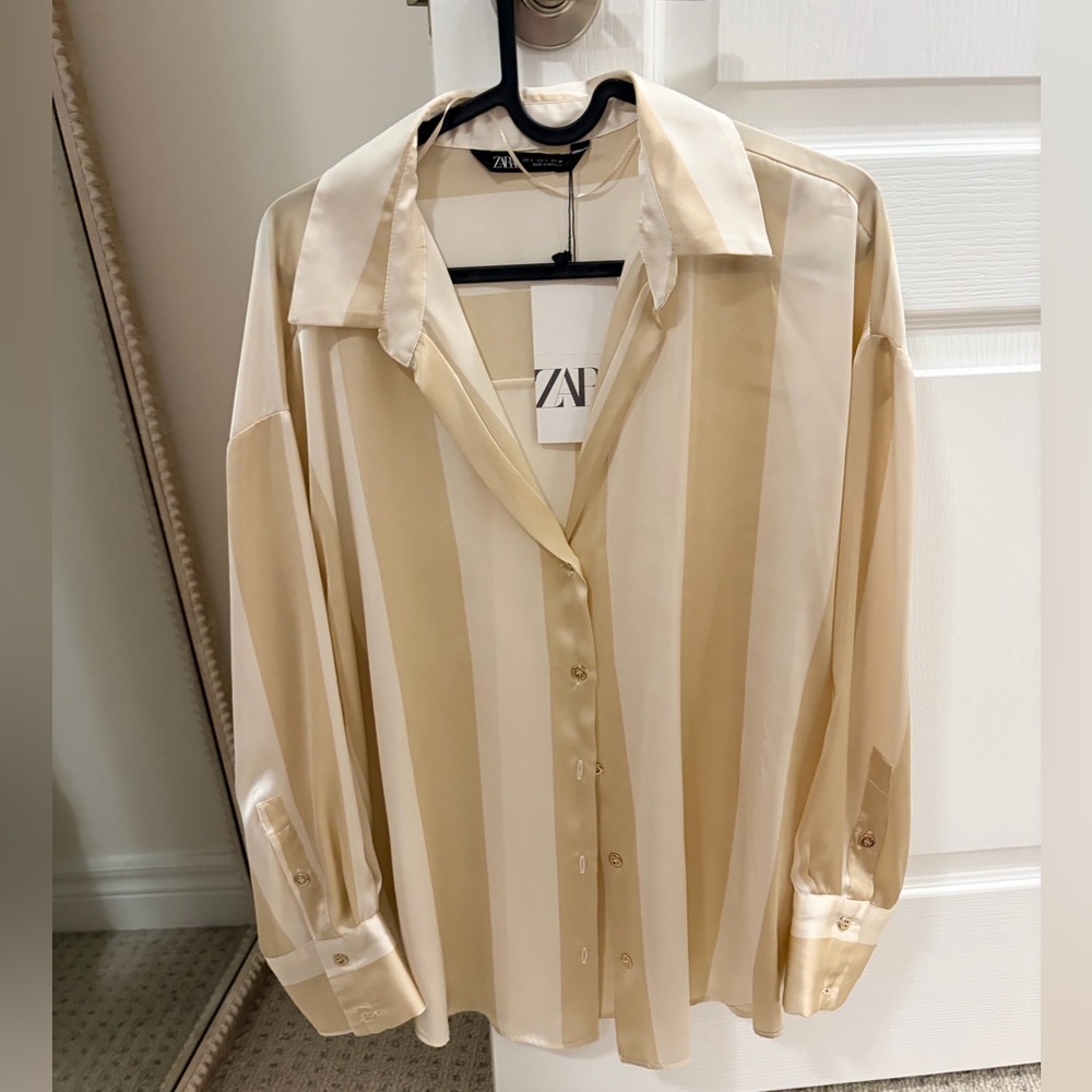Zara Striped Beige and Cream Button-Up Shirt